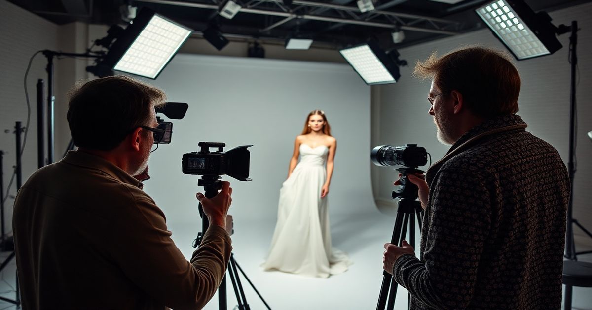 Behind the scenes of a luxury fashion campaign shoot with photographer, creative director, and model in a professional studio
