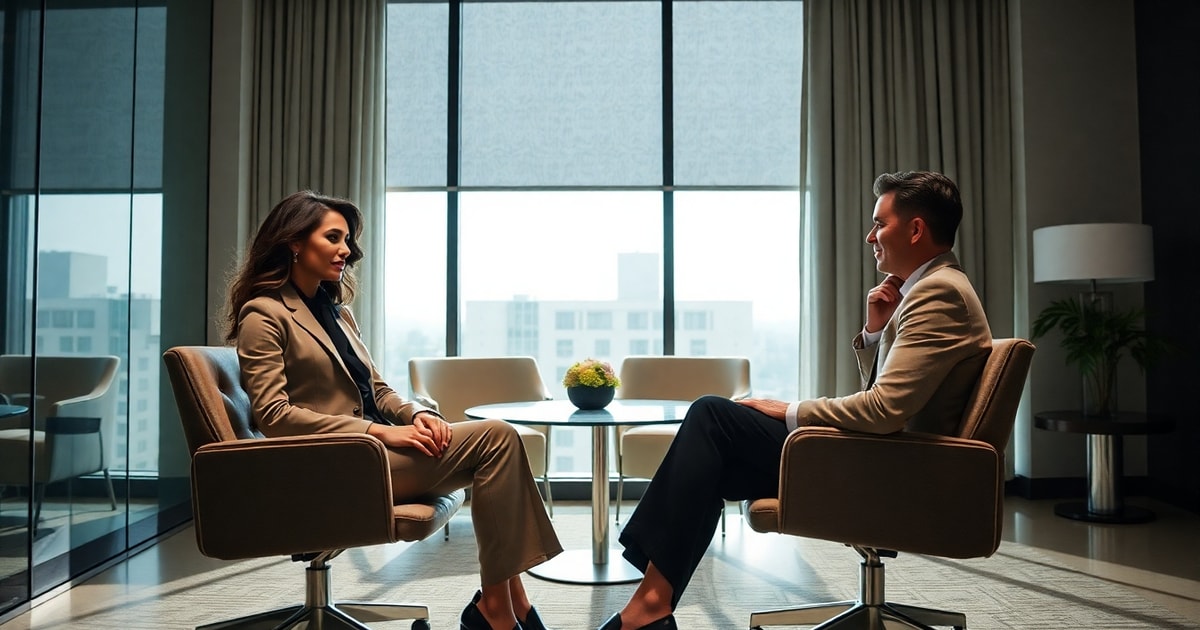 A model and agent in professional conversation in an elegant agency office