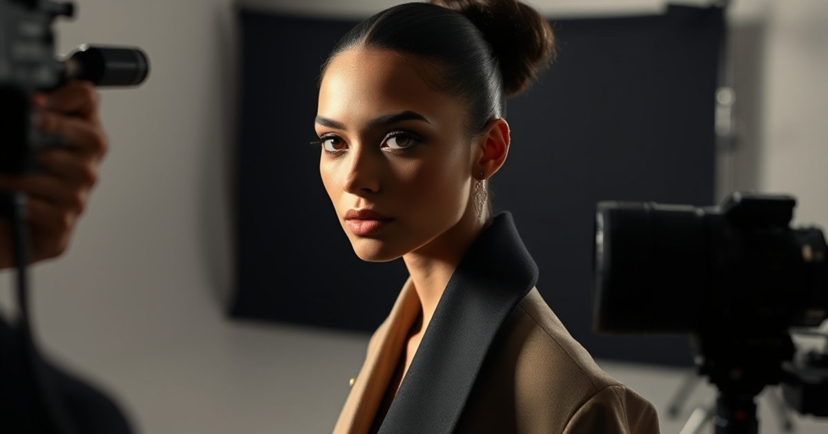 Model with striking confident presence at a high fashion casting session, editorial studio lighting