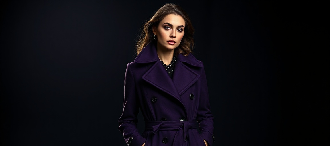 Model in regal purple structured coat, moody autumn editorial fashion photography