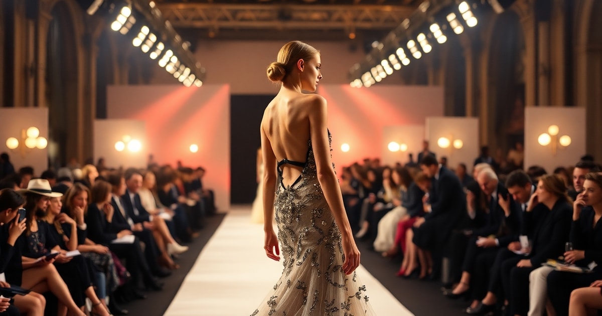 International haute couture runway with dramatic lighting, representing the global fashion market landscape