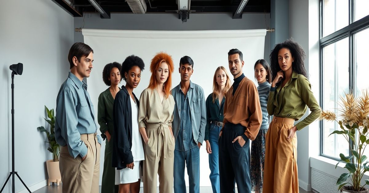 Diverse models in eco-conscious editorial fashion setting with natural light and earth tones