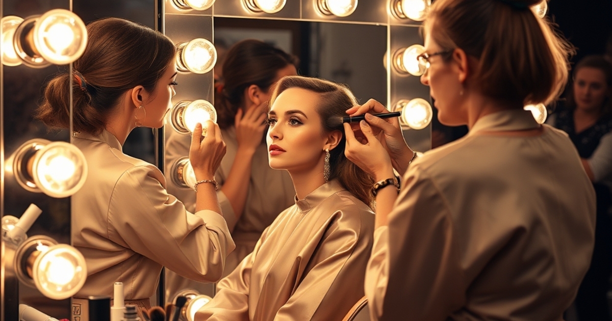 Model seated at a backstage vanity while a makeup artist and hairstylist prepare her look under warm mirror lights