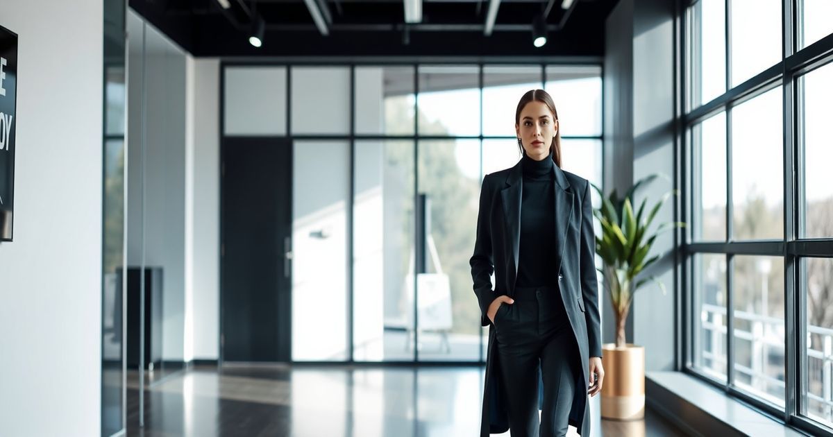 Confident model walking into a sleek agency office for a go-see meeting