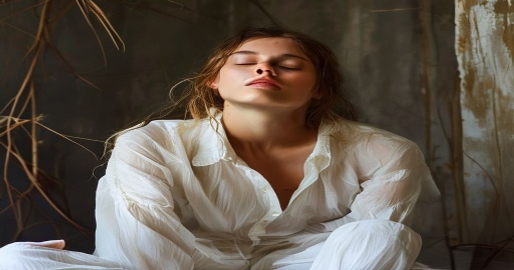 Model taking a mindful pause between looks on a fashion shoot set