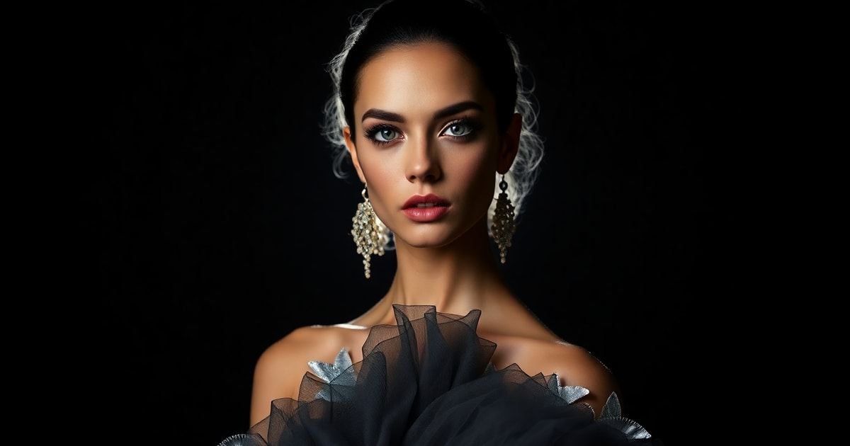 Model with commanding editorial expression under dramatic studio lighting