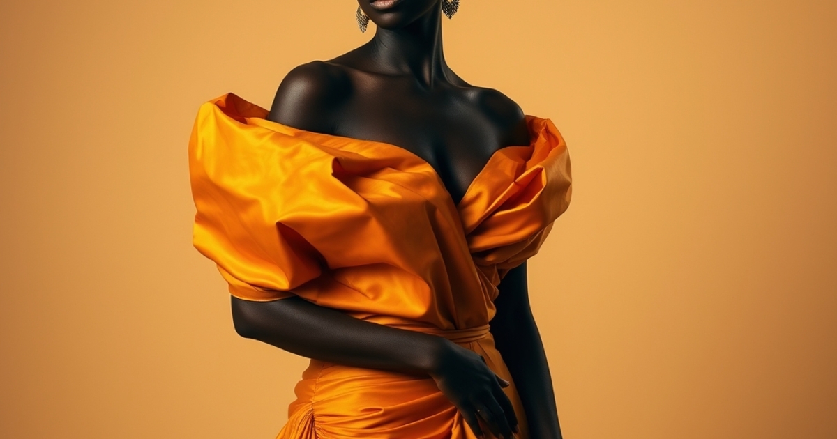 Model in a sculptural saffron-gold gown posed against a warm ivory studio backdrop under dramatic editorial lighting