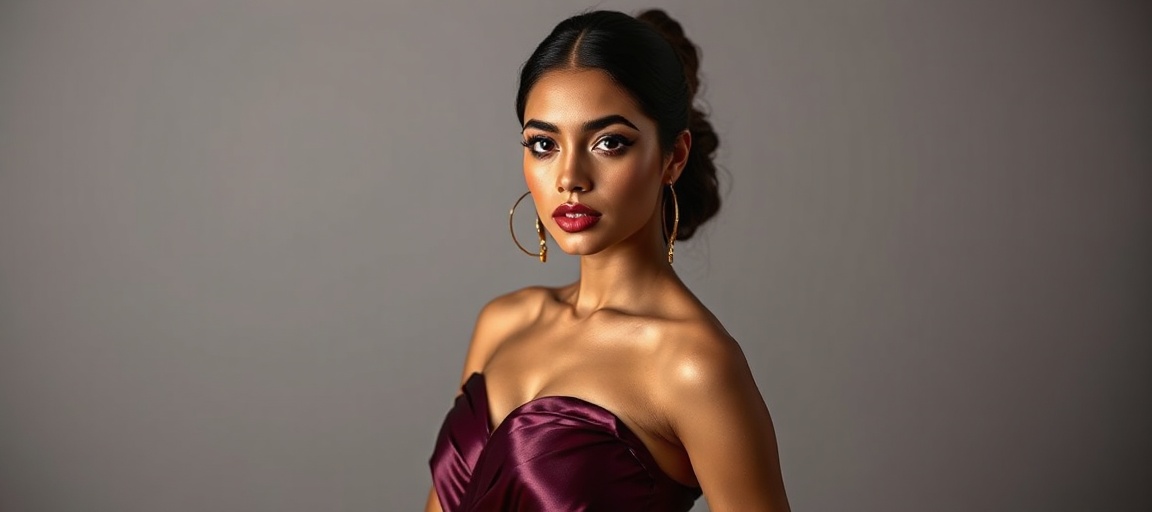 Isabella Reyes in a high fashion editorial shoot, studio portrait with elegant lighting