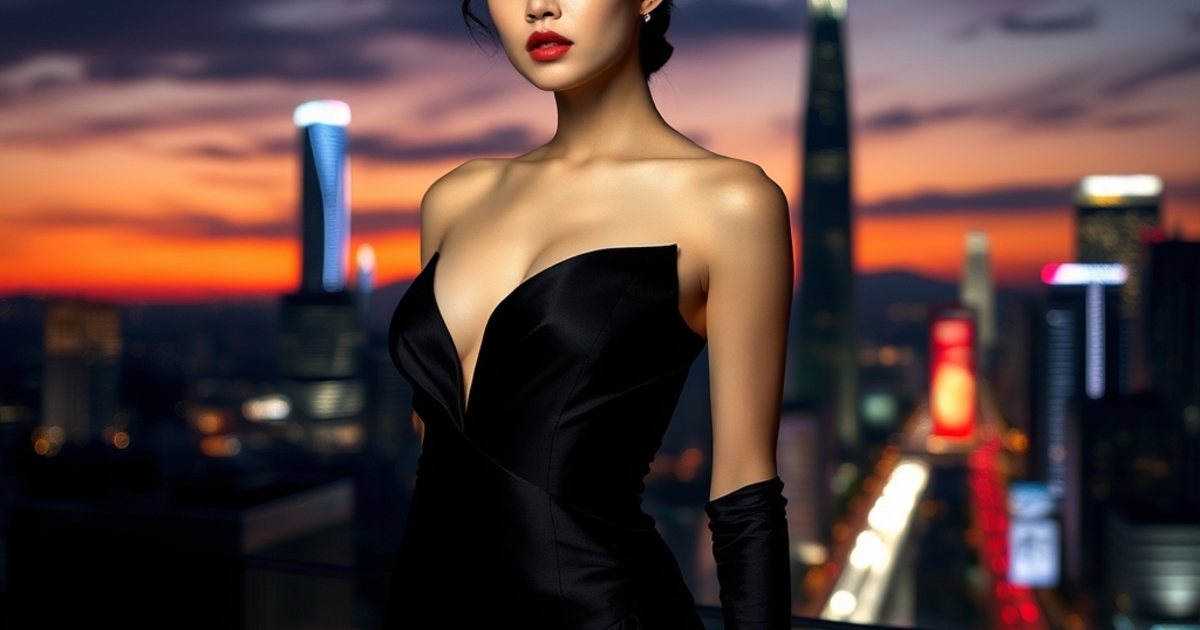 Ji-Young Kim in a sleek black avant-garde editorial look against a Seoul cityscape at dusk