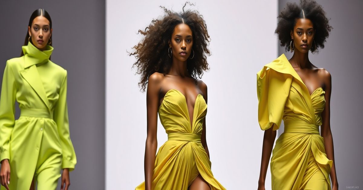 High fashion editorial showcasing Spring Summer 2026 runway trends with sculptural silhouettes and bold colors