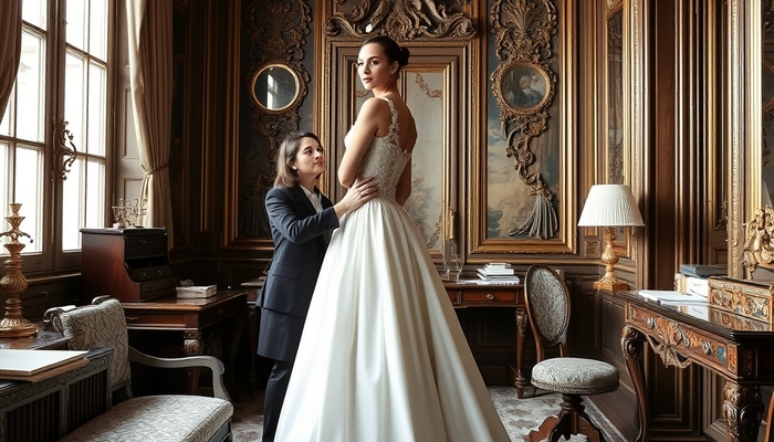Couture casting — Paris Haute Couture atelier fitting and presentation, historic French fashion house