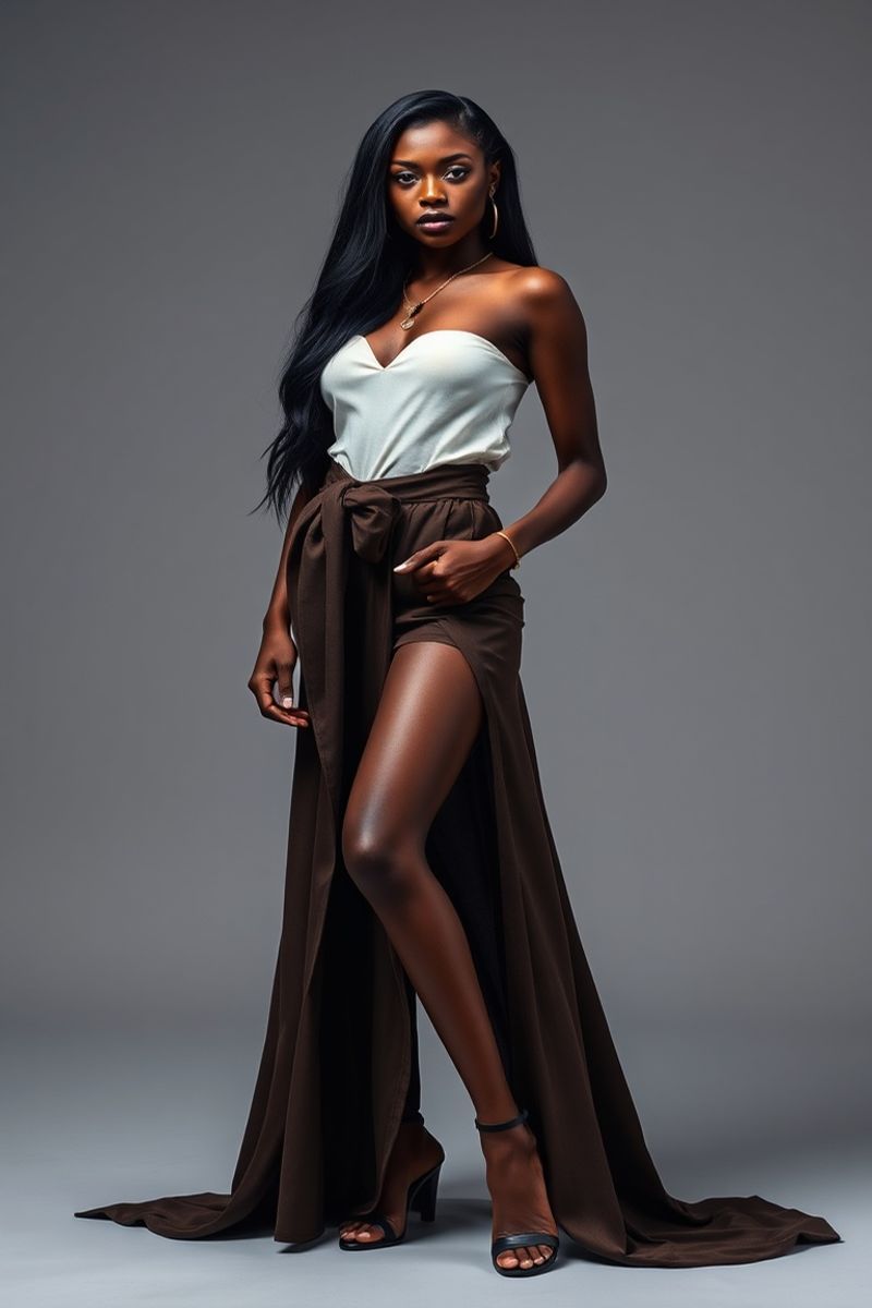 Amara Diallo full body editorial pose in high fashion clothing