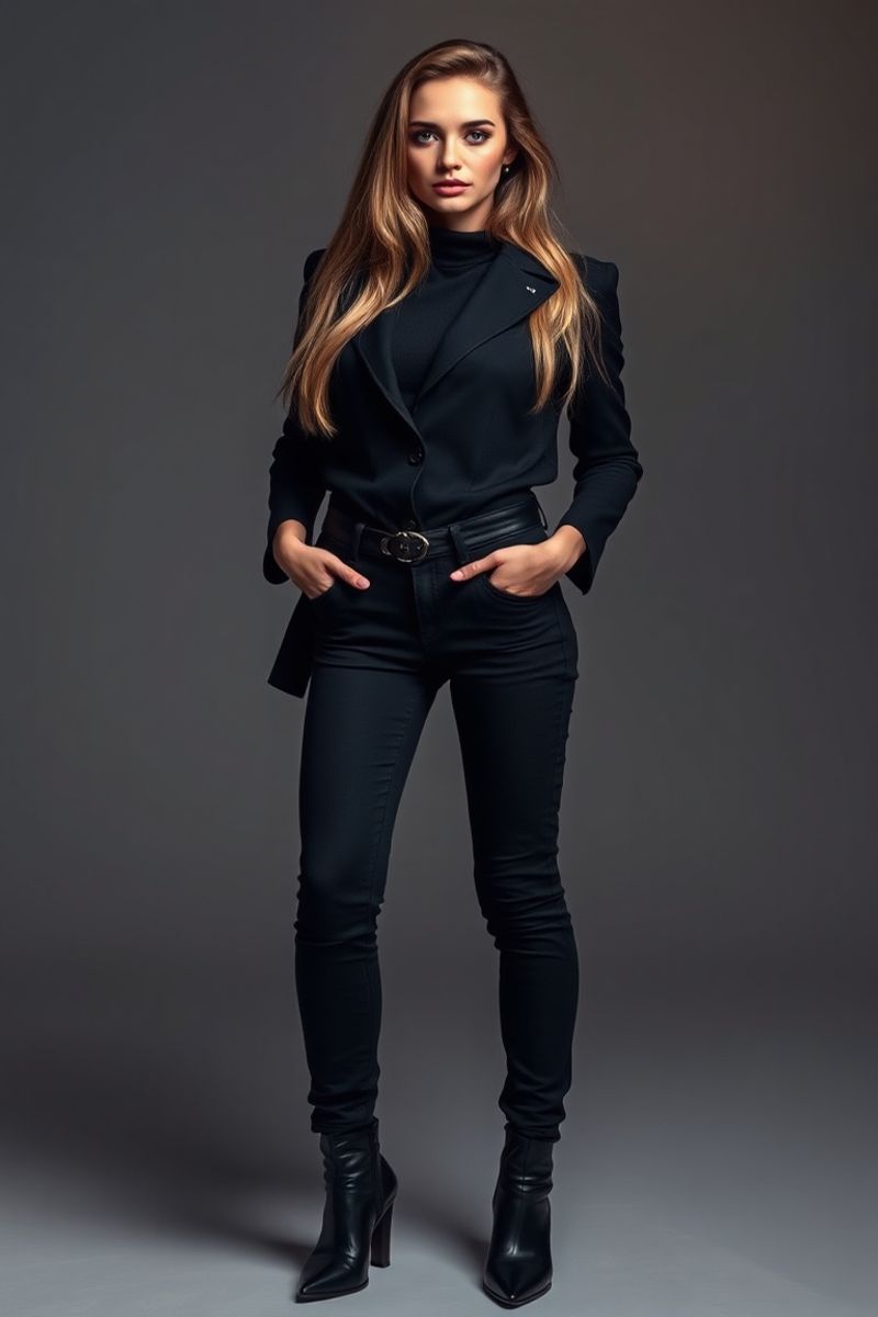 Amelie Laurent full body editorial pose in high fashion clothing