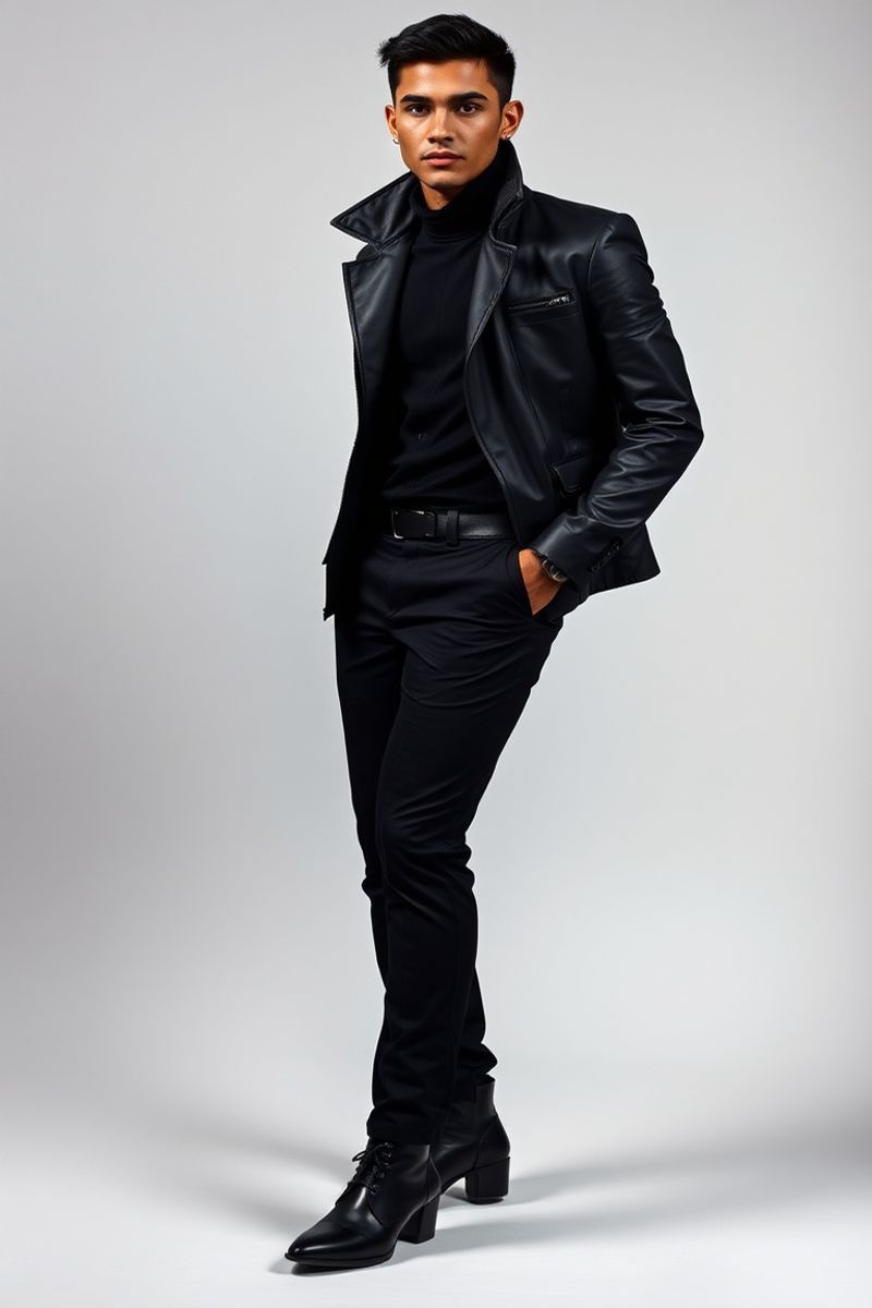 Andres Mejia full body editorial pose in high fashion clothing