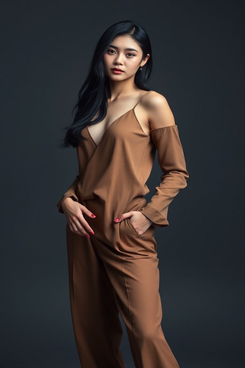 Angelica Bautista full body editorial pose in high fashion clothing