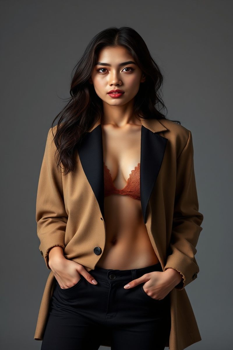 Angelica Ramos full body editorial pose in high fashion clothing