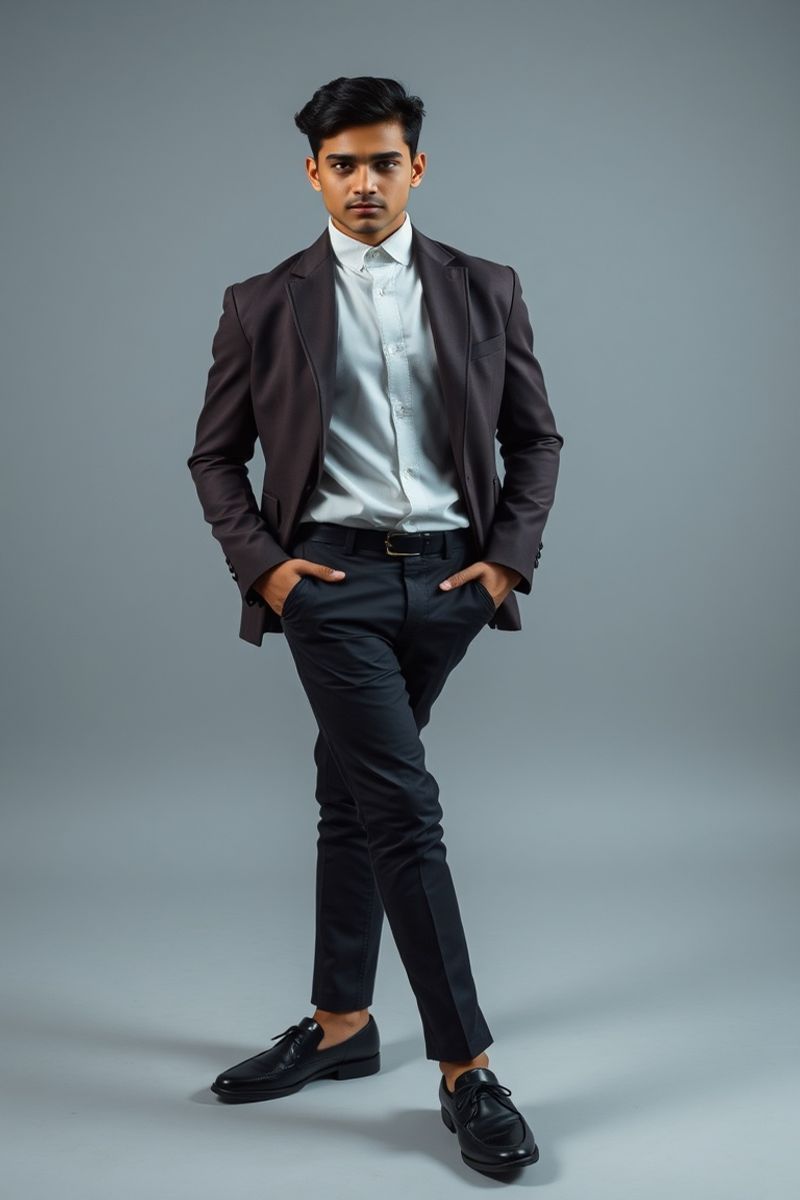 Arjun Patel full body editorial pose in high fashion menswear