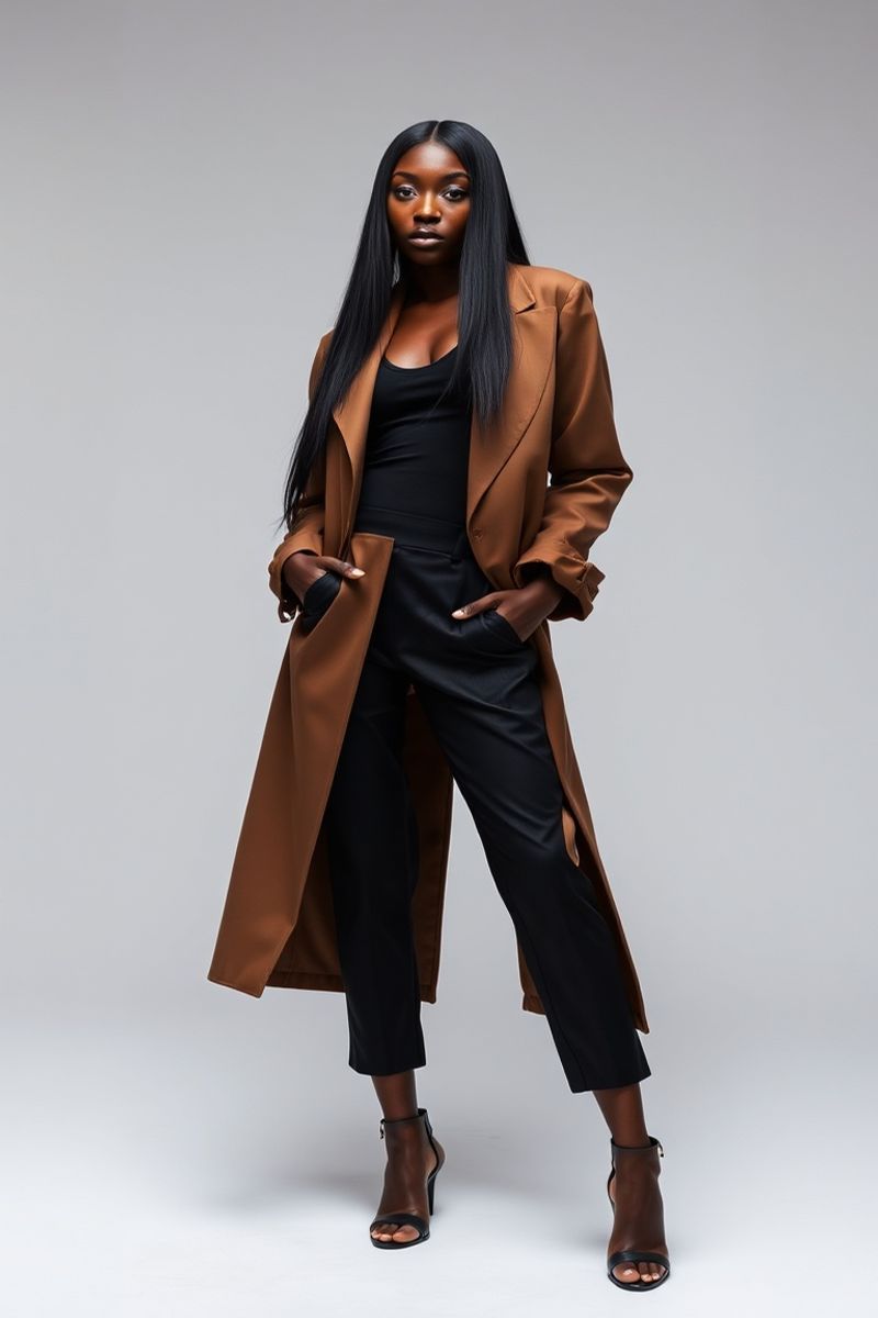 Azeb Tesfaye full body editorial pose in high fashion clothing
