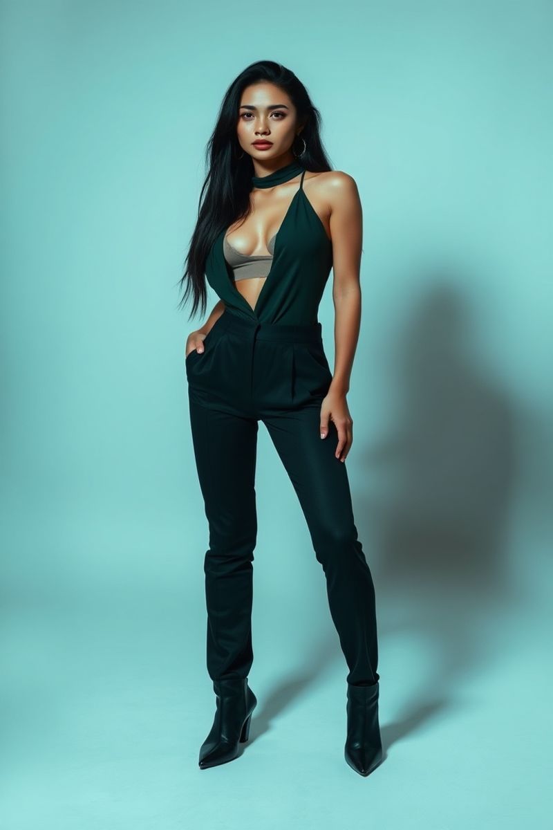 Bianca Mercado full body editorial pose in high fashion clothing