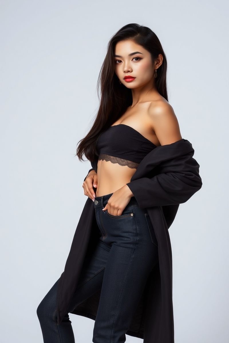 Bianca Villanueva full body editorial pose in high fashion clothing