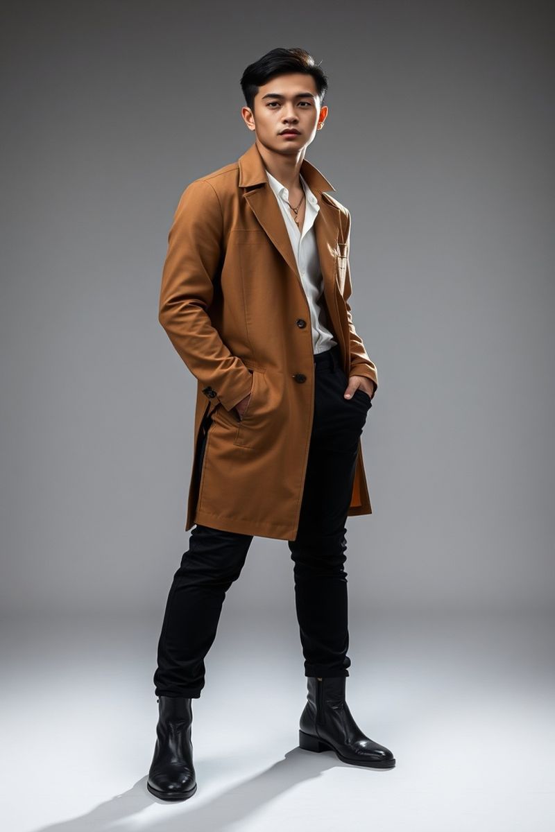 Carlo Reyes full body editorial pose in high fashion clothing