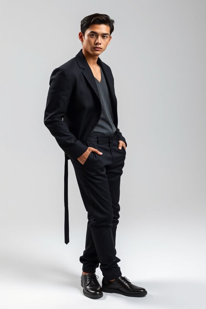Carlos Mendoza full body editorial pose in high fashion clothing