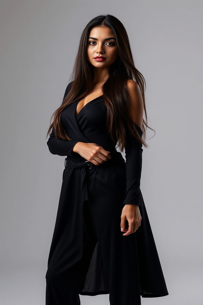 Carolina Cruz full body editorial pose in high fashion clothing