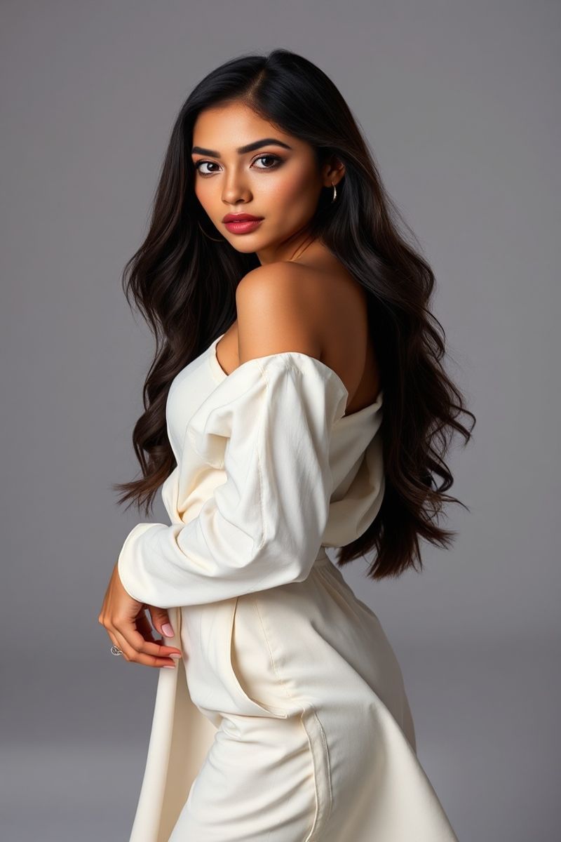 Carolina Sanchez full body editorial pose in high fashion clothing