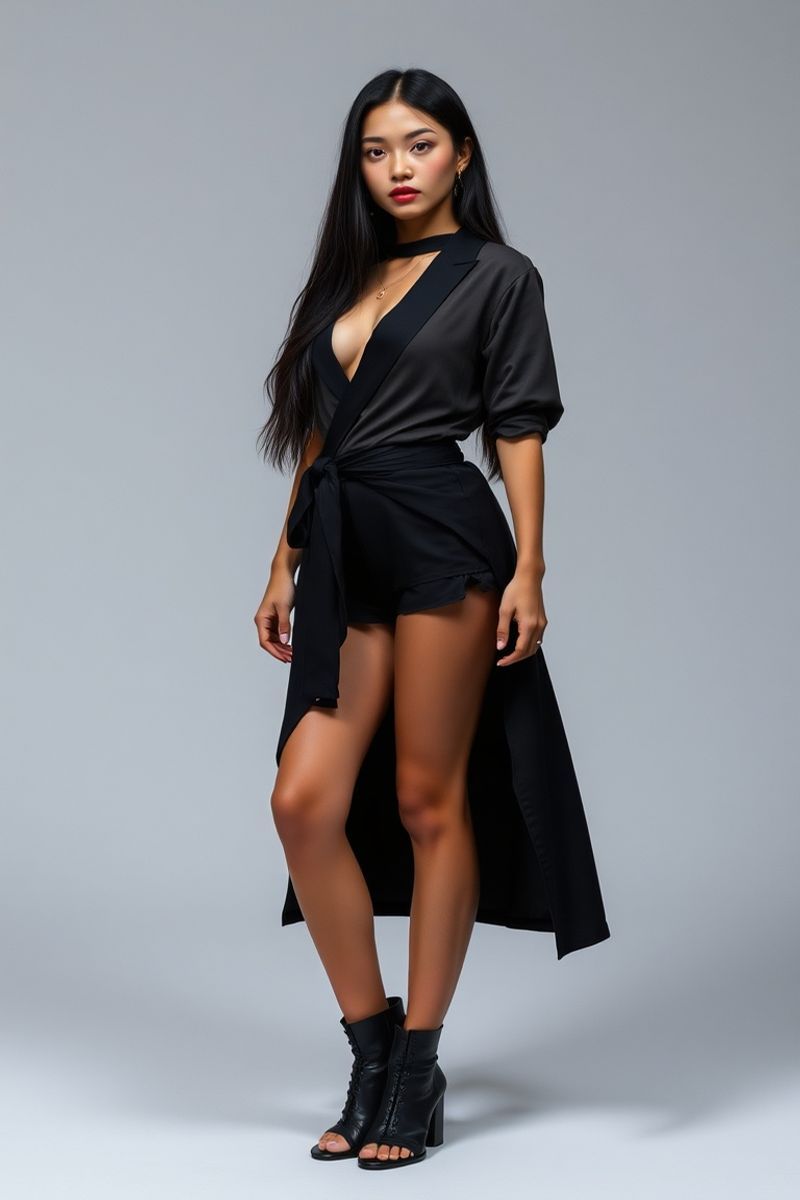 Celestina Reyes full body editorial pose in high fashion clothing