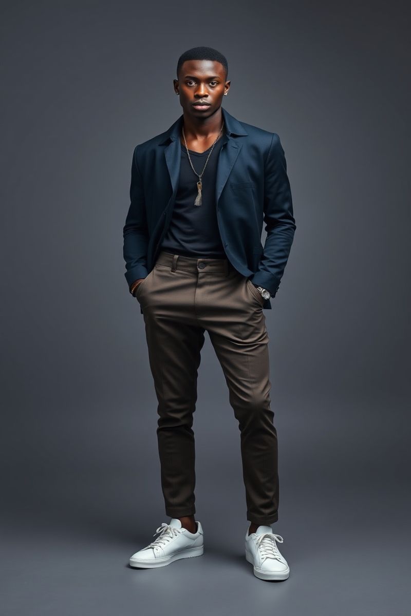 Chidi Okonkwo full body editorial pose in high fashion clothing