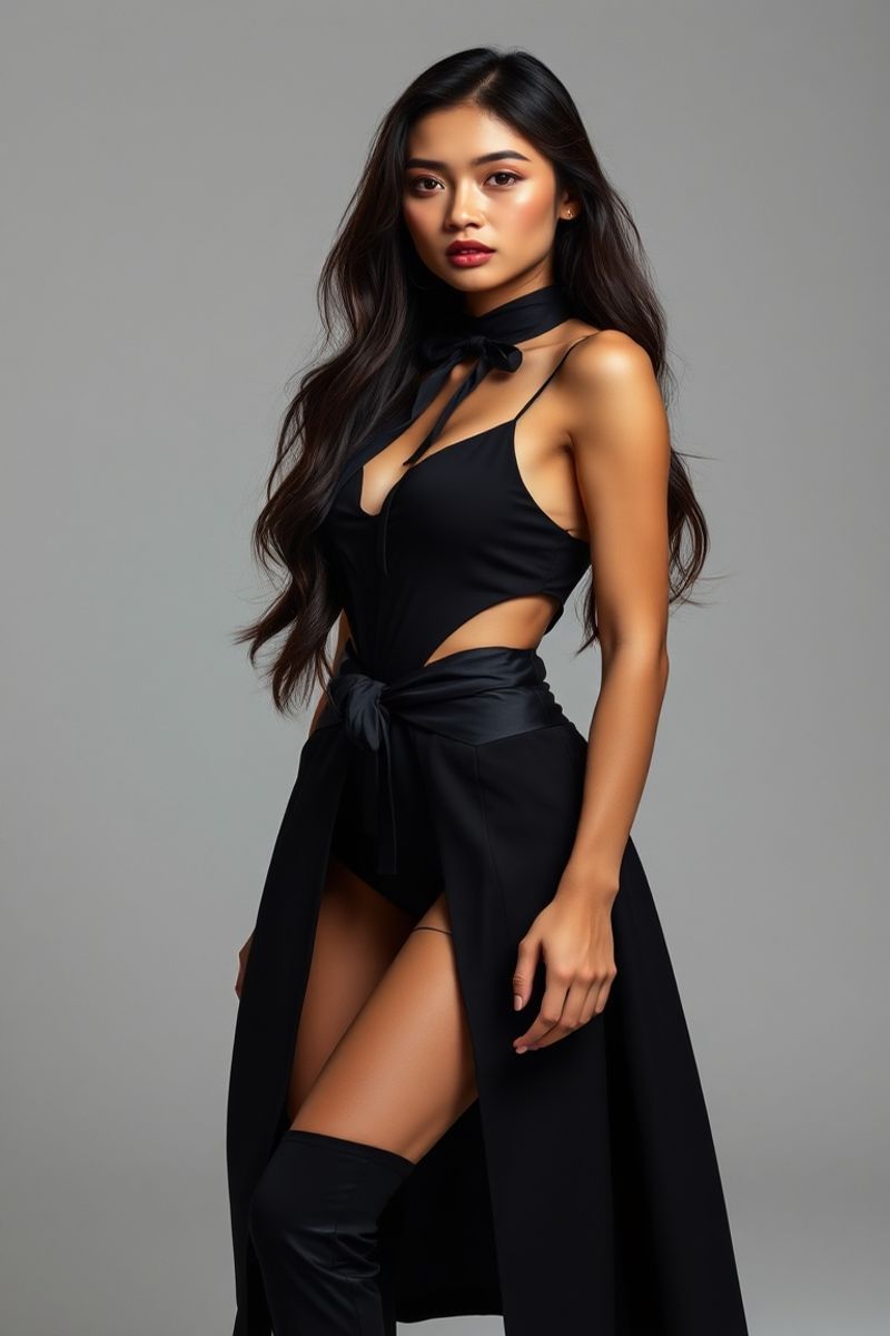 Devi Kusuma full body editorial pose in high fashion clothing