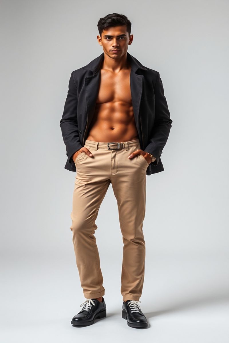 Diego Almeida full body editorial pose in high fashion clothing