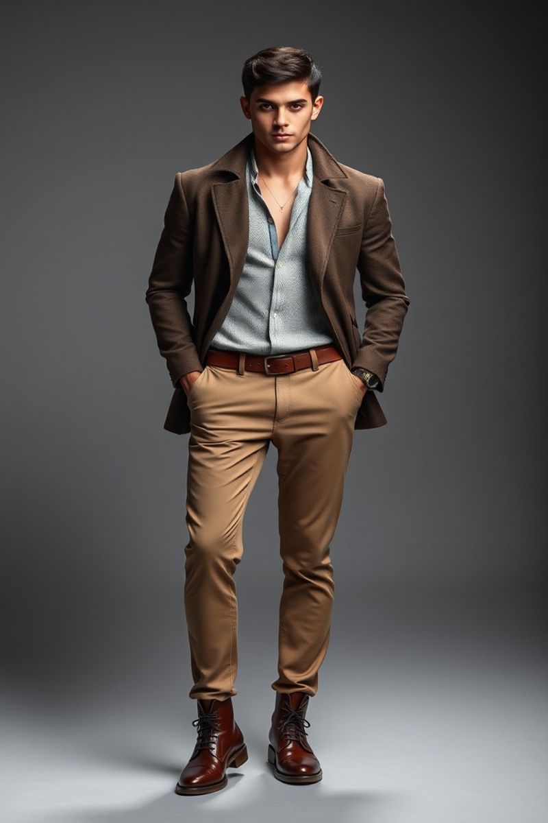 Diego Fuentes full body editorial pose in high fashion clothing