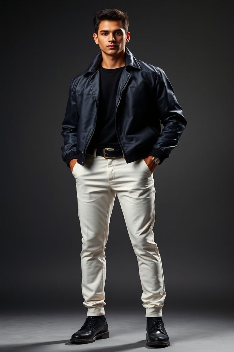 Diego Hernández full body editorial pose in high fashion clothing