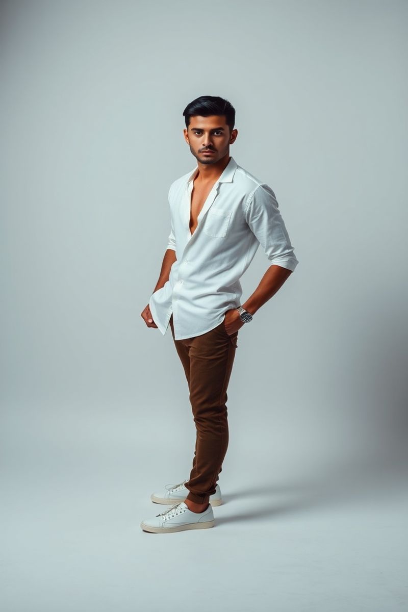 Diego Martinez full body editorial pose in high fashion clothing