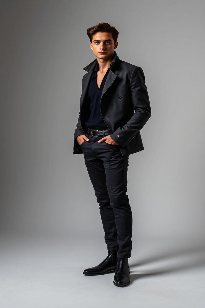 Diego Morales full body editorial pose in high fashion clothing