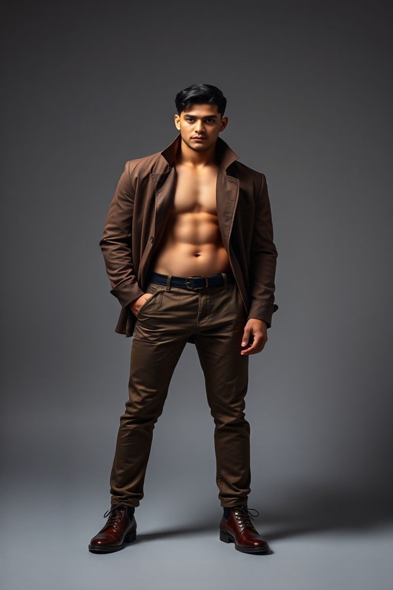 Diego Ramírez full body editorial pose in high fashion clothing