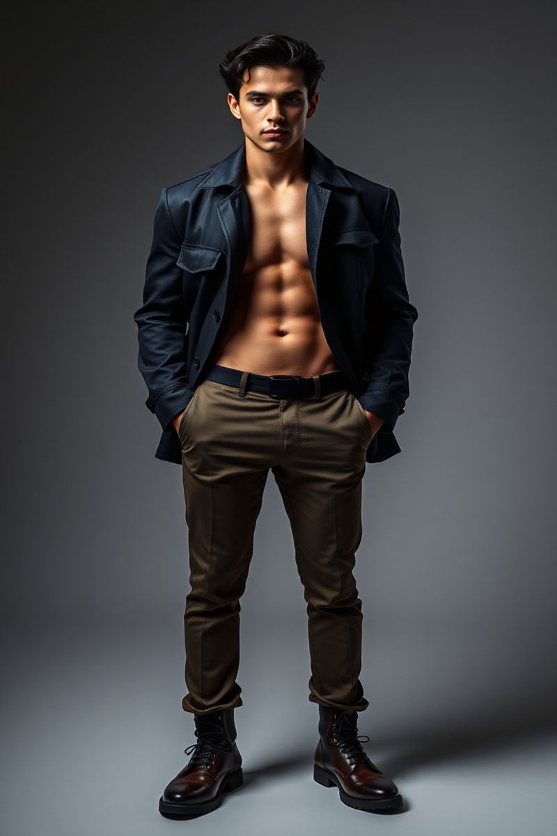 Diego Santana full body editorial pose in high fashion clothing