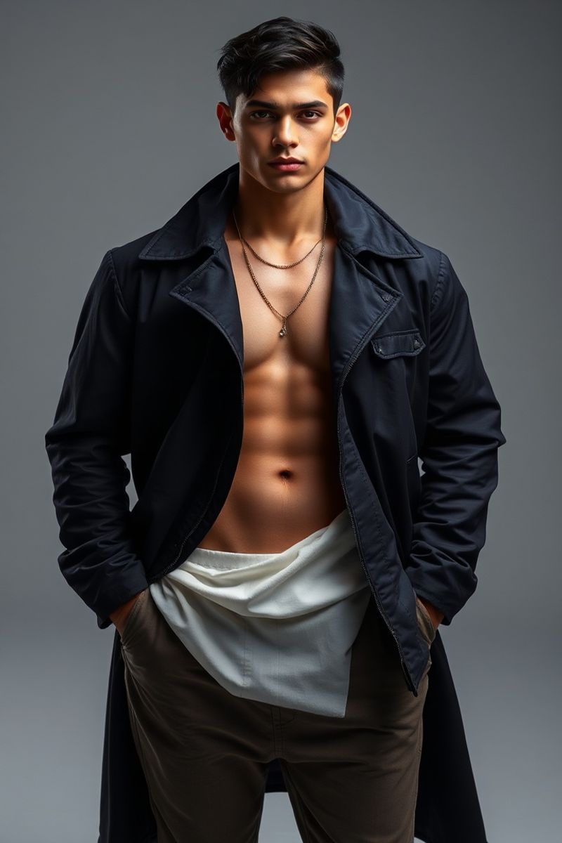 Diego Santos full body editorial pose in high fashion clothing
