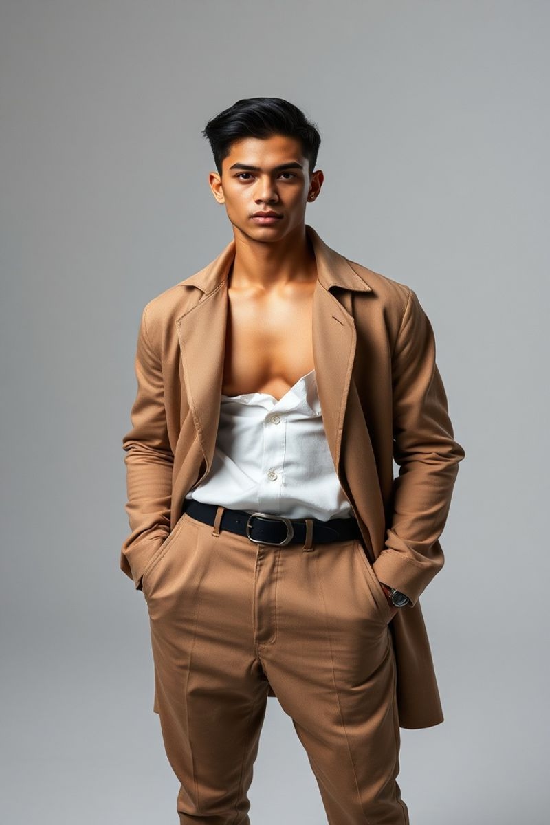 Diego Vasquez full body editorial pose in high fashion clothing