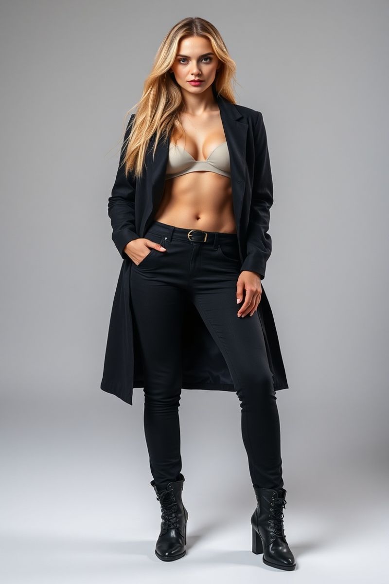 Emma Fitzgerald full body editorial pose in high fashion clothing