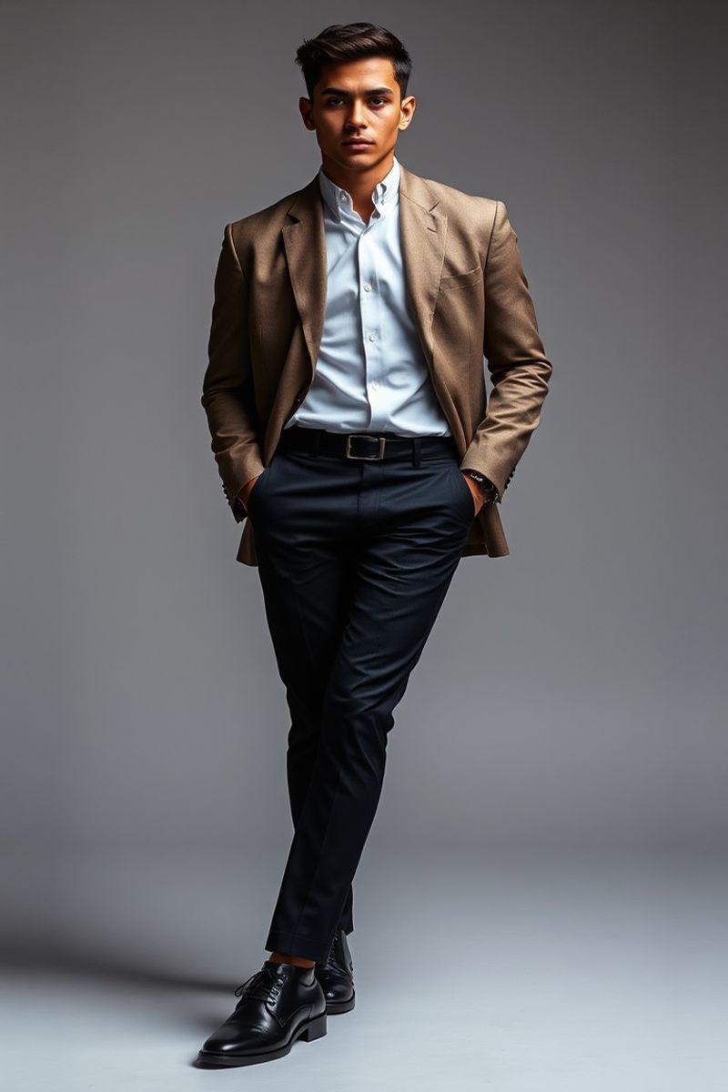 Gabriel Costa full body editorial pose in high fashion clothing