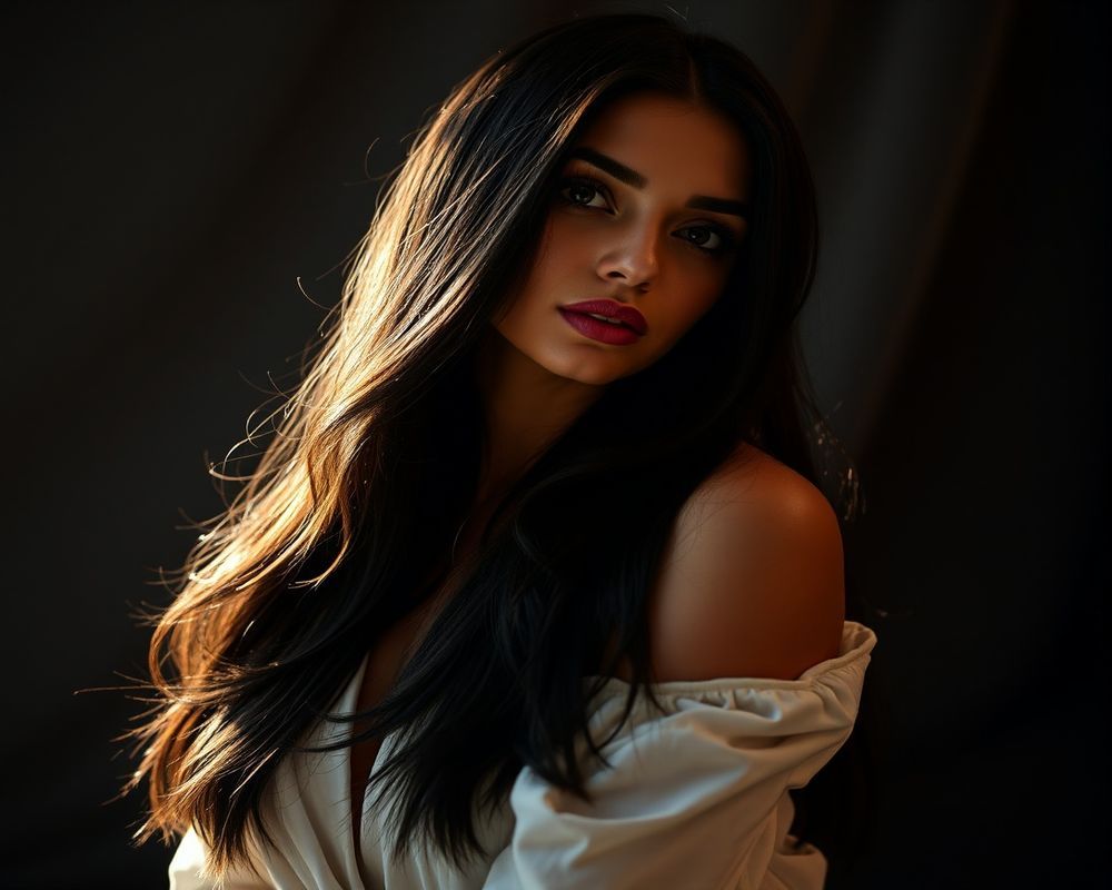 Gabriela Oliveira high fashion editorial with dramatic lighting