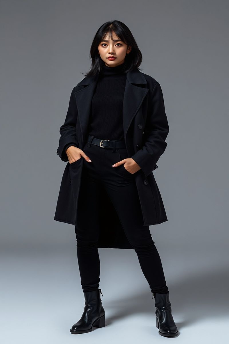 Hana Cho full body editorial pose in high fashion clothing