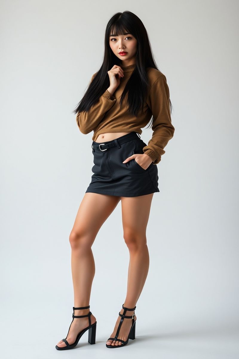 Hana Matsumoto full body editorial pose in high fashion clothing