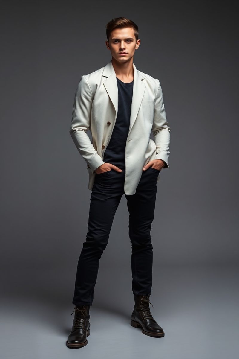 Harrison Reid full body editorial pose in high fashion clothing