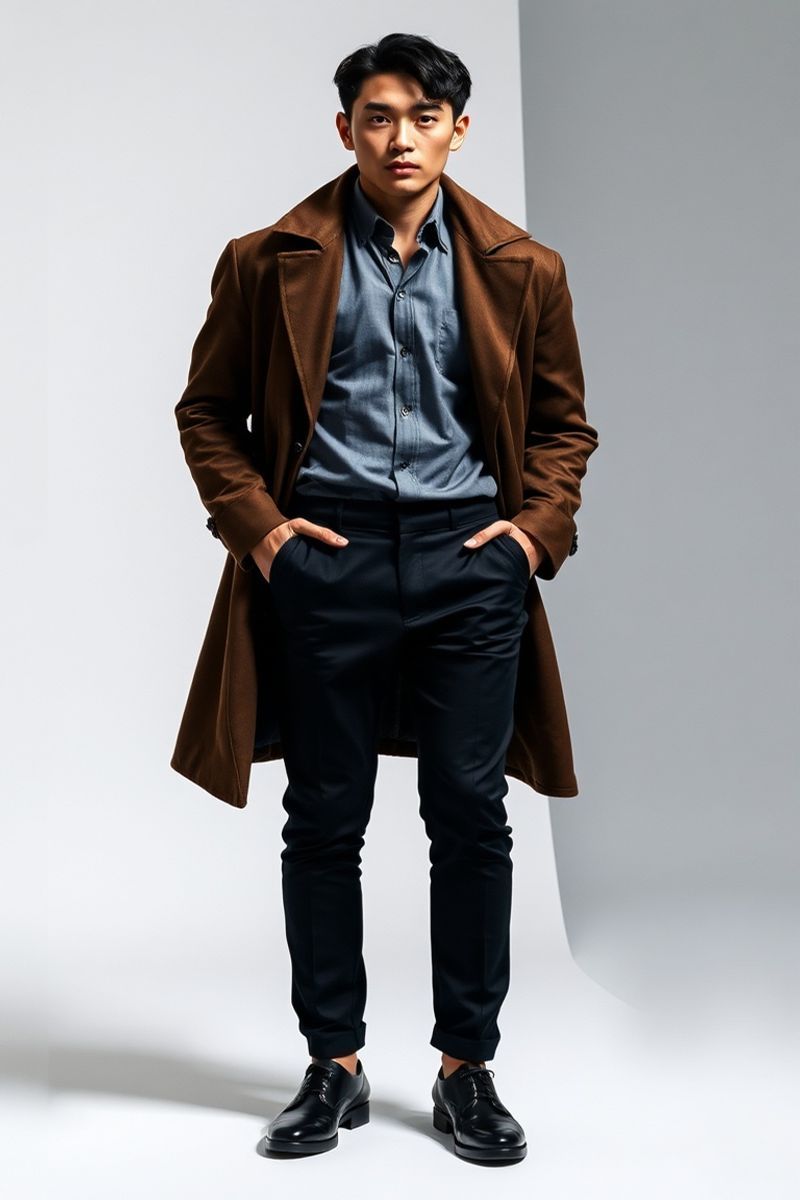Haruto Miyazaki full body editorial pose in high fashion clothing