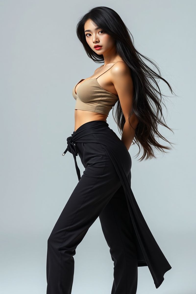 Hina Watanabe full body editorial pose in high fashion clothing
