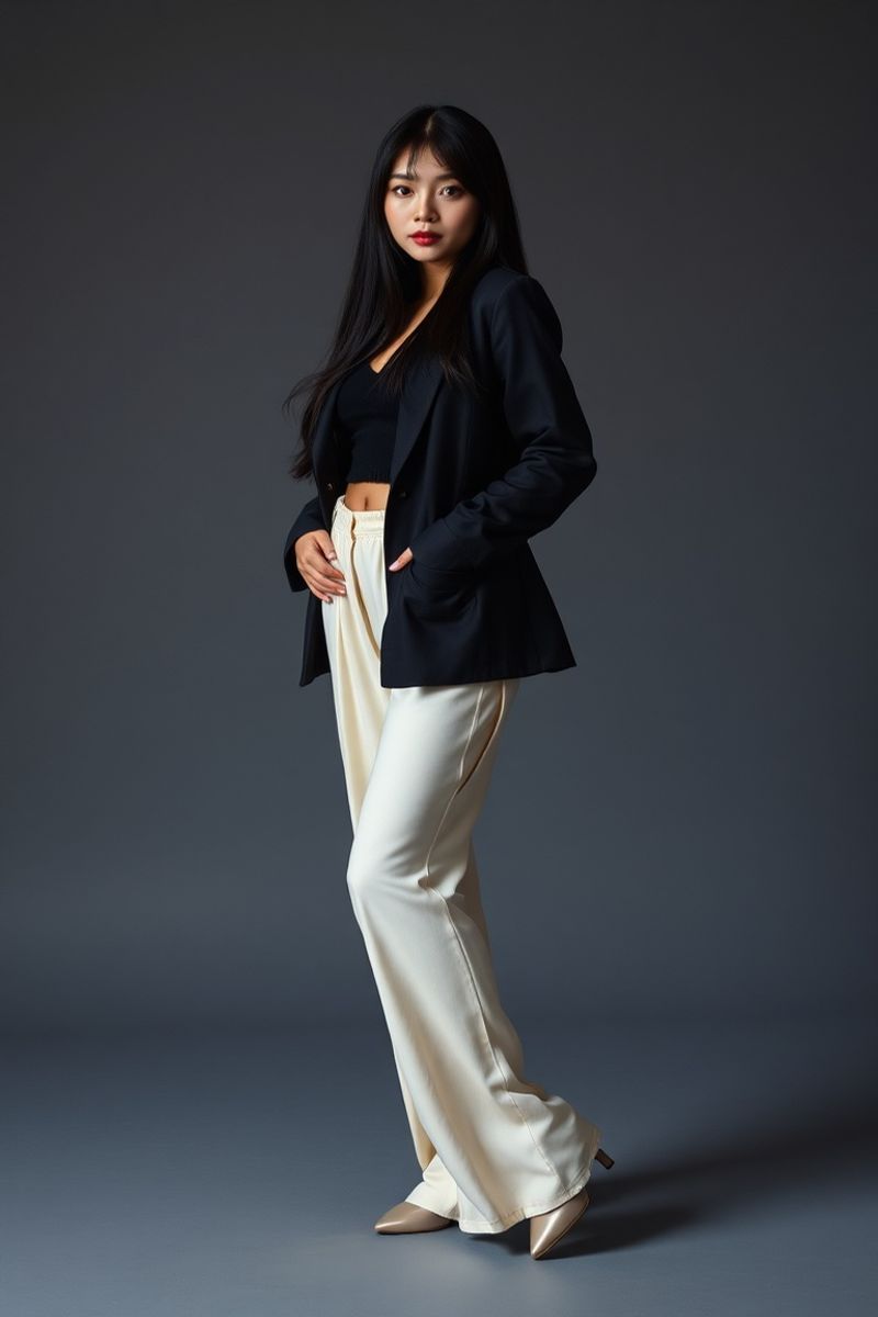 Hina Yoshida full body editorial pose in high fashion clothing