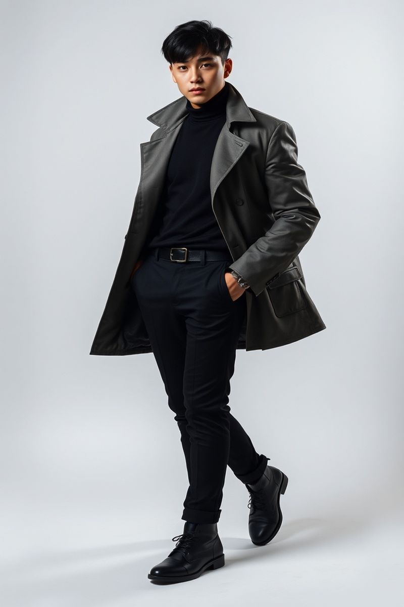 Hyun-Woo Choi full body editorial pose in high fashion clothing